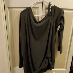 Gray cold shoulder, front tie blouse